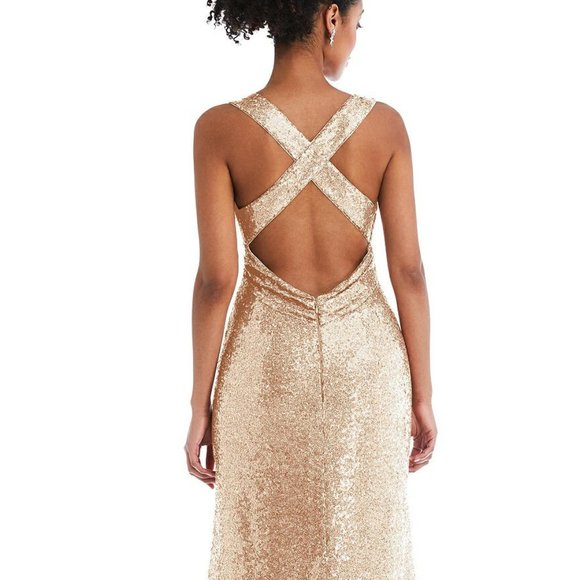 Open-Neck Criss Cross Back Sequin Maxi Dress..Dessy TH081...Rosegold...Size L - Picture 3 of 8